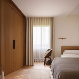 Elegant bedroom entrance featuring a sleek mirror with a chair beside it. A cozy bed is situated by the right side of a window dressed in curtains. Across the bed, discover a wardrobe and a modern en-suite bathroom.