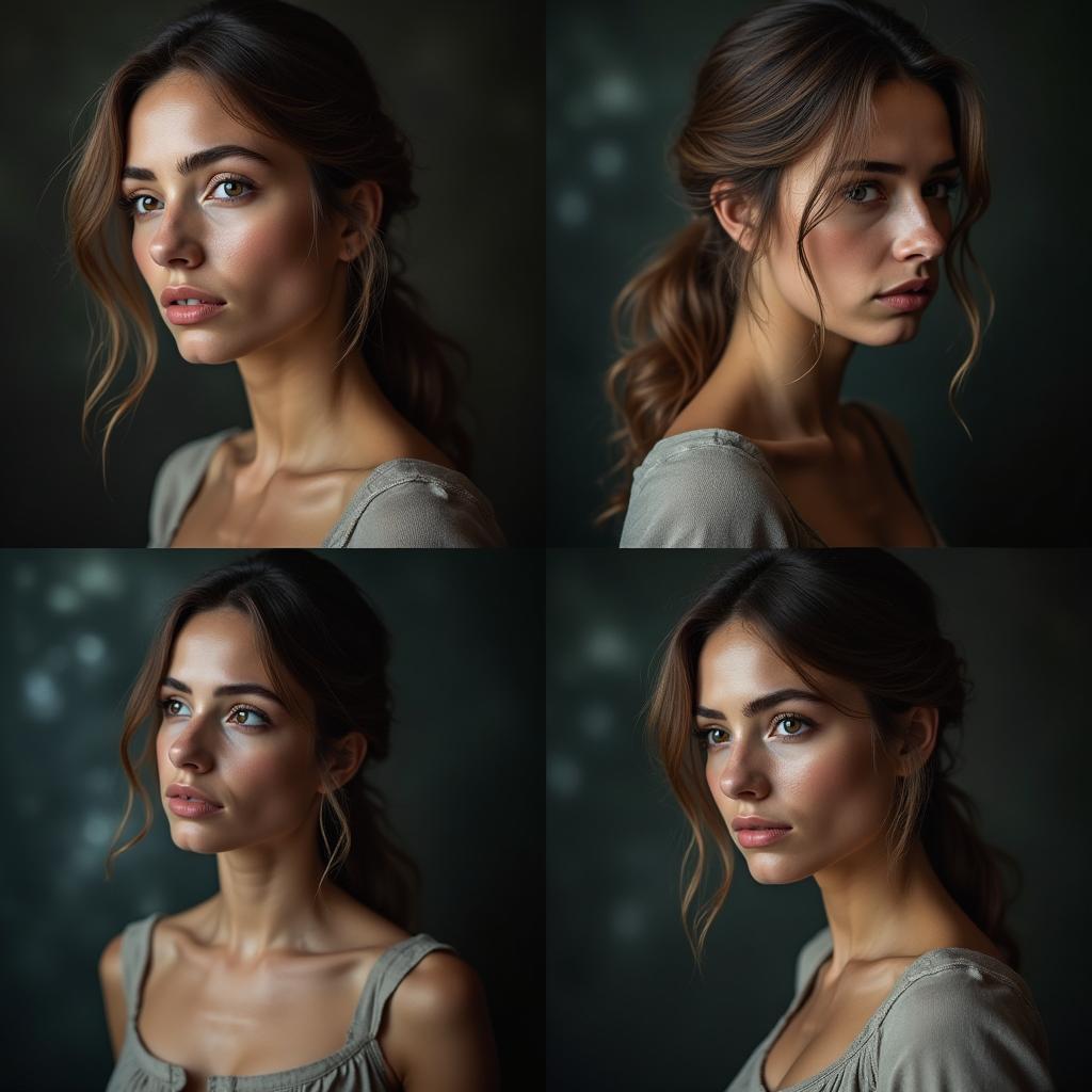 A captivating series of four portraits featuring a sexy woman, each embodying a different aspect of sadness and fatigue in the context of war