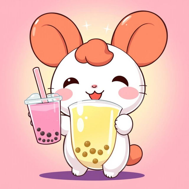 Cinnamoroll, the beloved Sanrio character, joyfully holding a bubble tea, showcasing his signature large, floppy ears and cute expression
