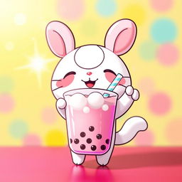 Cinnamoroll, the beloved Sanrio character, joyfully holding a bubble tea, showcasing his signature large, floppy ears and cute expression