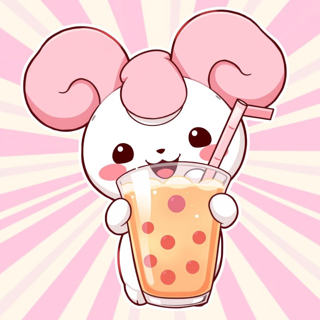 Cinnamoroll, the beloved Sanrio character, joyfully holding a bubble tea, showcasing his signature large, floppy ears and cute expression