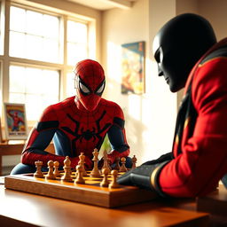 A dynamic scene featuring Spider-Man, in his classic red and blue suit, intensely focused on a game of chess