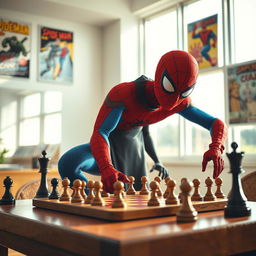 A dynamic scene featuring Spider-Man, in his classic red and blue suit, intensely focused on a game of chess
