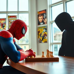 A dynamic scene featuring Spider-Man, in his classic red and blue suit, intensely focused on a game of chess