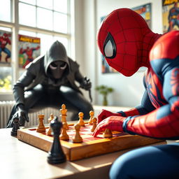 A dynamic scene featuring Spider-Man, in his classic red and blue suit, intensely focused on a game of chess