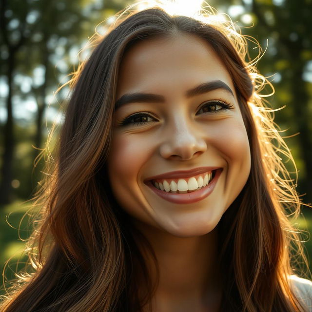 A close-up of a beautiful person smiling warmly, showcasing bright white teeth and sparkling eyes, surrounded by a soft glow