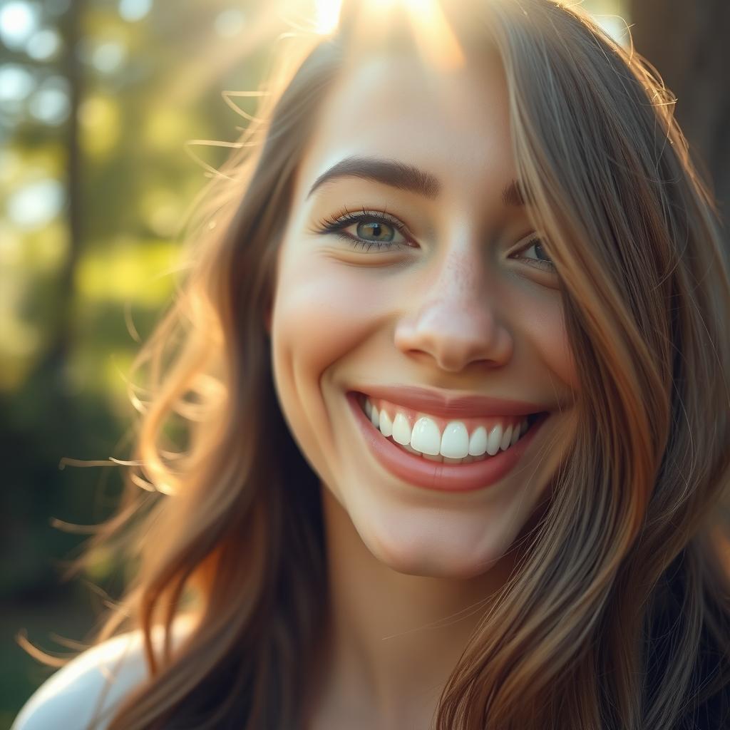 A close-up of a beautiful person smiling warmly, showcasing bright white teeth and sparkling eyes, surrounded by a soft glow