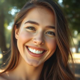 A close-up of a beautiful person smiling warmly, showcasing bright white teeth and sparkling eyes, surrounded by a soft glow