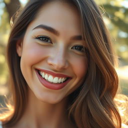 A close-up of a beautiful person smiling warmly, showcasing bright white teeth and sparkling eyes, surrounded by a soft glow