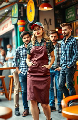 A beautiful woman dressed in a stylish coffee vendor outfit, surrounded by a group of handsome men with various attractive appearances and styles