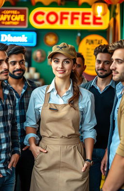 A beautiful woman dressed in a stylish coffee vendor outfit, surrounded by a group of handsome men with various attractive appearances and styles