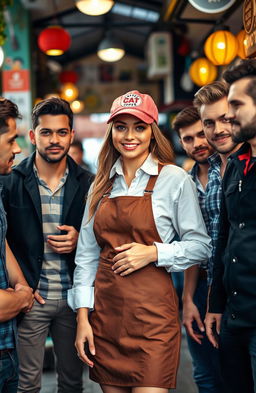 A beautiful woman dressed in a stylish coffee vendor outfit, surrounded by a group of handsome men with various attractive appearances and styles