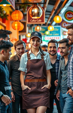A beautiful woman dressed in a stylish coffee vendor outfit, surrounded by a group of handsome men with various attractive appearances and styles