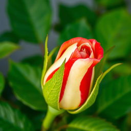 A vibrant close-up of a small, unfurling rose bud displaying a striking bicolor pattern of vibrant red and creamy white stripes, resembling a painted design