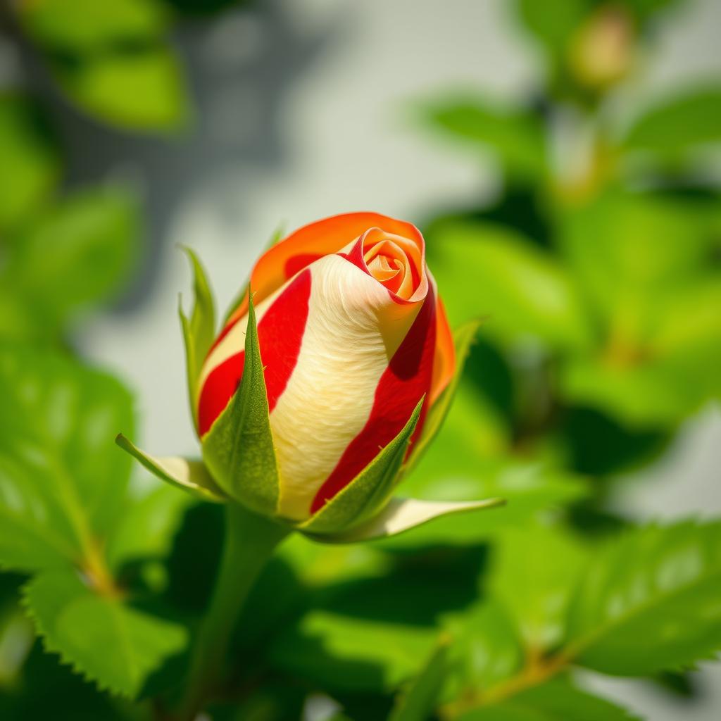 A vibrant close-up of a small, unfurling rose bud displaying a striking bicolor pattern of vibrant red and creamy white stripes, resembling a painted design