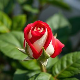 A vibrant close-up of a small, unfurling rose bud displaying a striking bicolor pattern of vibrant red and creamy white stripes, resembling a painted design
