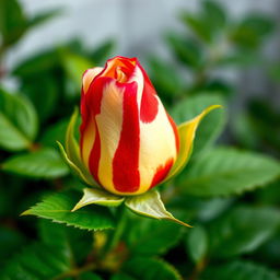 A vibrant close-up of a small, unfurling rose bud displaying a striking bicolor pattern of vibrant red and creamy white stripes, resembling a painted design
