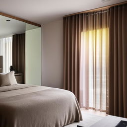 Elegant bedroom entrance featuring a sleek mirror with a chair beside it. A cozy bed is situated by the right side of a window dressed in curtains. Across the bed, discover a wardrobe and a modern en-suite bathroom.