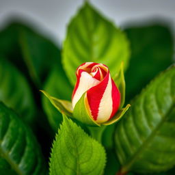 A vibrant close-up of a small, unfurling rose bud displaying a striking bicolor pattern of vibrant red and creamy white stripes