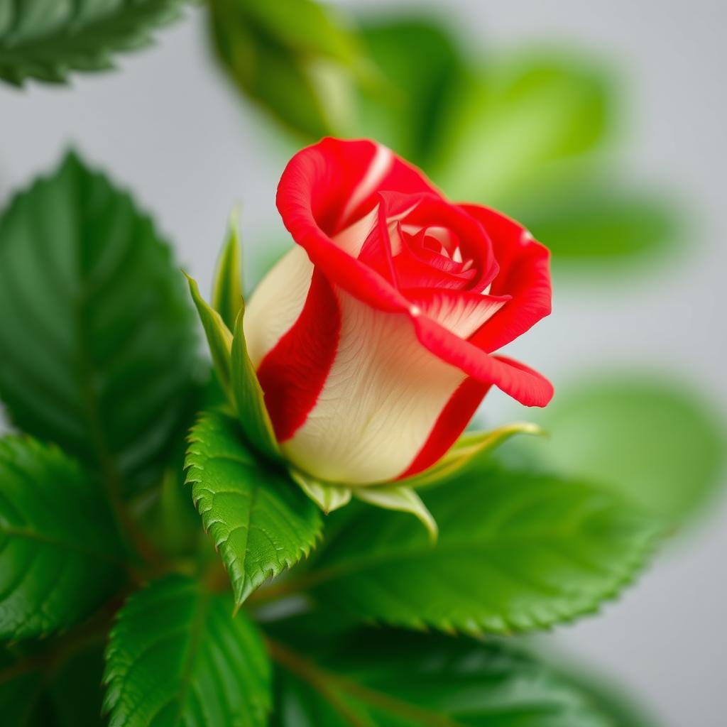 A vibrant close-up of a small, unfurling rose bud displaying a striking bicolor pattern of vibrant red and creamy white stripes