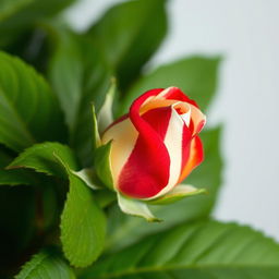 A vibrant close-up of a small, unfurling rose bud displaying a striking bicolor pattern of vibrant red and creamy white stripes