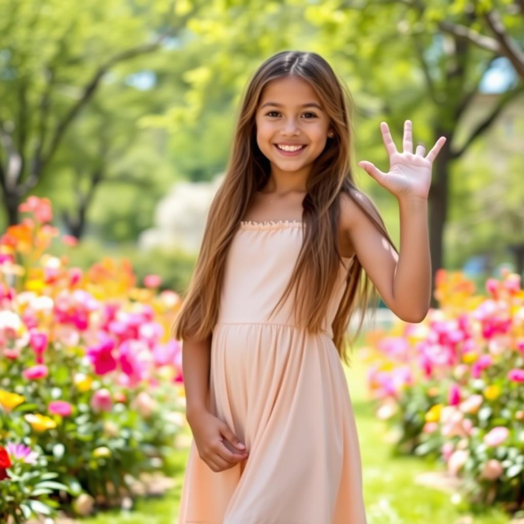 A beautiful girl with long flowing hair standing confidently, wearing a stylish summer dress, with her left hand raised up and her right hand mirroring the left hand's pose, showcasing a vibrant and cheerful expression