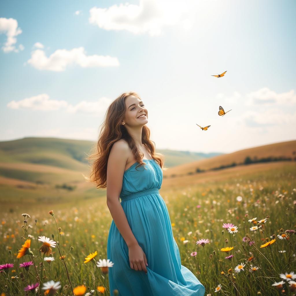 A young woman with wavy long hair, wearing a flowy blue dress, standing in a sunlit meadow filled with wildflowers, with a serene smile on her face as she gazes into the distance, butterflies fluttering around her