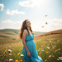A young woman with wavy long hair, wearing a flowy blue dress, standing in a sunlit meadow filled with wildflowers, with a serene smile on her face as she gazes into the distance, butterflies fluttering around her