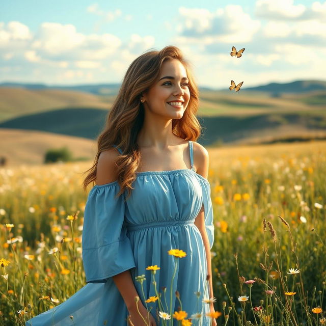 A young woman with wavy long hair, wearing a flowy blue dress, standing in a sunlit meadow filled with wildflowers, with a serene smile on her face as she gazes into the distance, butterflies fluttering around her
