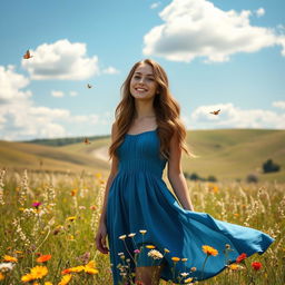A young woman with wavy long hair, wearing a flowy blue dress, standing in a sunlit meadow filled with wildflowers, with a serene smile on her face as she gazes into the distance, butterflies fluttering around her