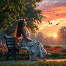 An enchanting scene featuring a serene park at sunset, where a beautiful woman sits on a bench, gazing thoughtfully at the sky filled with vibrant hues of orange and pink