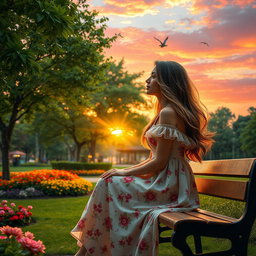 An enchanting scene featuring a serene park at sunset, where a beautiful woman sits on a bench, gazing thoughtfully at the sky filled with vibrant hues of orange and pink