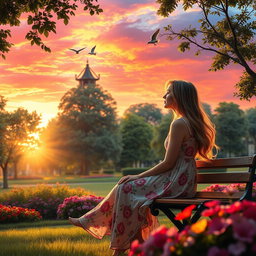 An enchanting scene featuring a serene park at sunset, where a beautiful woman sits on a bench, gazing thoughtfully at the sky filled with vibrant hues of orange and pink