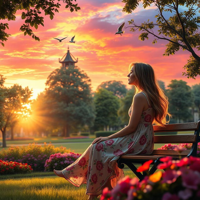 An enchanting scene featuring a serene park at sunset, where a beautiful woman sits on a bench, gazing thoughtfully at the sky filled with vibrant hues of orange and pink