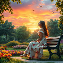 An enchanting scene featuring a serene park at sunset, where a beautiful woman sits on a bench, gazing thoughtfully at the sky filled with vibrant hues of orange and pink