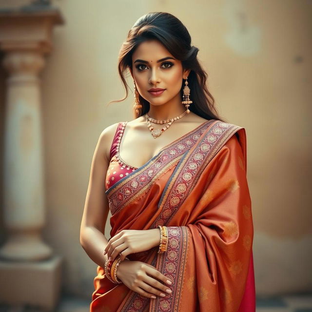 A beautiful woman wearing an elegant orange saree, styled with intricate patterns and embellished borders