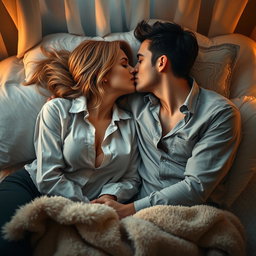 A romantic scene featuring two adults lying on a bed, passionately kissing each other