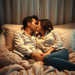 A romantic scene featuring two adults lying on a bed, passionately kissing each other