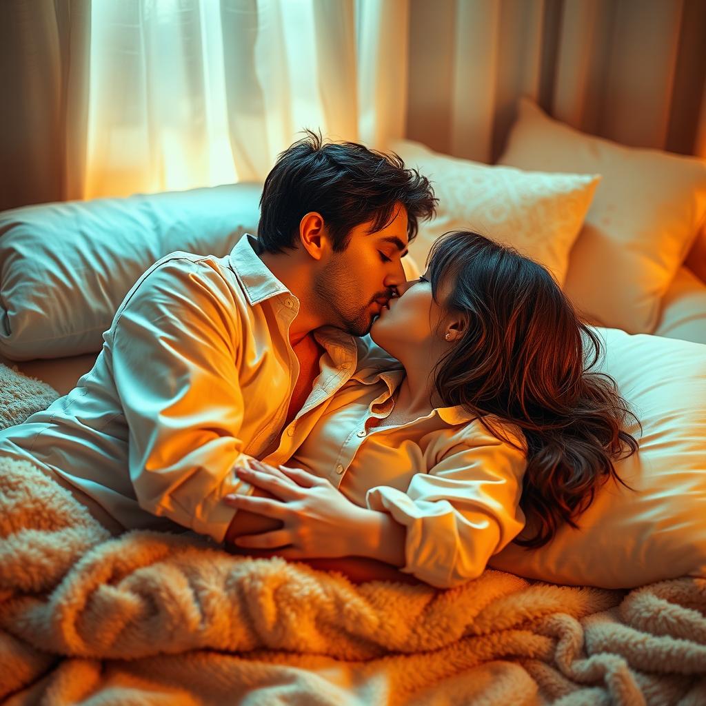 A romantic scene featuring two adults lying on a bed, passionately kissing each other