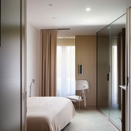 Elegant bedroom entrance featuring a sleek mirror with a chair beside it. A cozy bed is situated by the right side of a window dressed in curtains. Across the bed, discover a wardrobe and a modern en-suite bathroom.