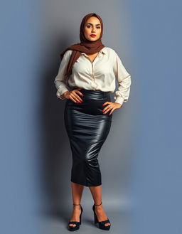A voluptuous 40-year-old European teacher with white skin, standing confidently while wearing a stylish hijab