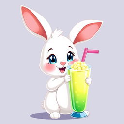 Un conejo blanco con mejillas regordetas y rosadas, largas orejas suaves, y grandes ojos azules, que tiene una cola esponjosa que se asemeja a un rollo de canela