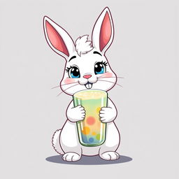 Un conejo blanco con mejillas regordetas y rosadas, largas orejas suaves, y grandes ojos azules, que tiene una cola esponjosa que se asemeja a un rollo de canela