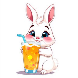 Un conejo blanco con mejillas regordetas y rosadas, largas orejas suaves, y grandes ojos azules, que tiene una cola esponjosa que se asemeja a un rollo de canela