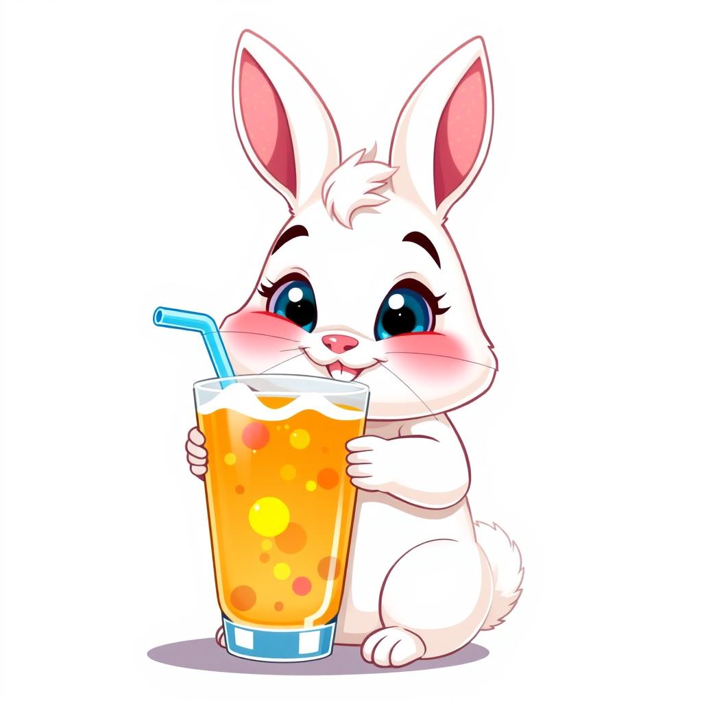 Un conejo blanco con mejillas regordetas y rosadas, largas orejas suaves, y grandes ojos azules, que tiene una cola esponjosa que se asemeja a un rollo de canela