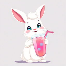 Un conejo blanco con mejillas regordetas y rosadas, largas orejas suaves, y grandes ojos azules, que tiene una cola esponjosa que se asemeja a un rollo de canela