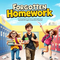 A vibrant movie cover for a teenage comedy film titled 'Forgotten Homework'