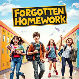A vibrant movie cover for a teenage comedy film titled 'Forgotten Homework'