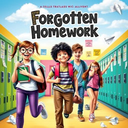 A vibrant movie cover for a teenage comedy film titled 'Forgotten Homework'
