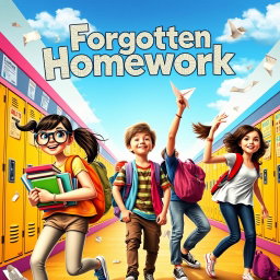 A vibrant movie cover for a teenage comedy film titled 'Forgotten Homework'